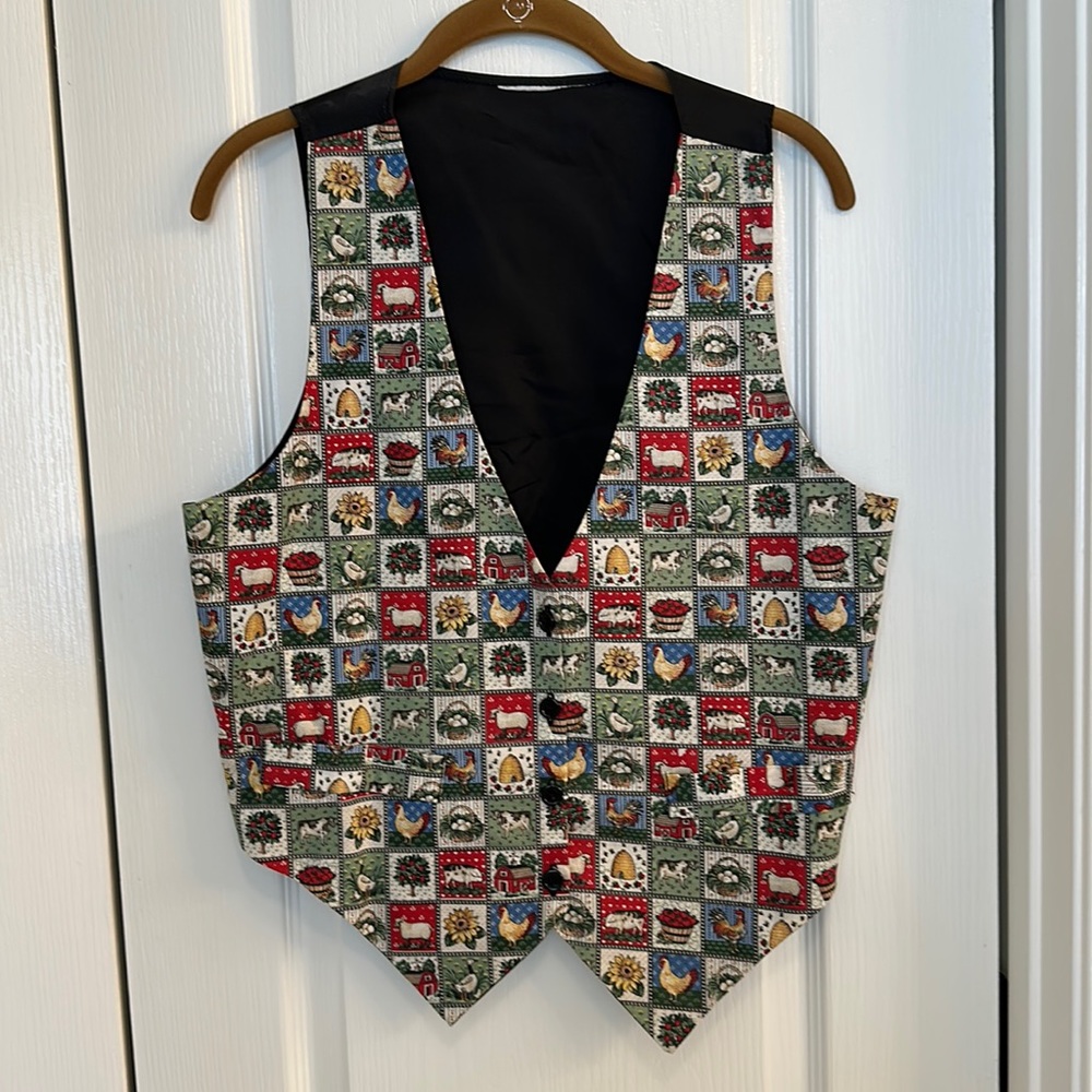 Vintage Farm Life Cotton Polyester Waistcoat Vest 4 Button Front Black Lining